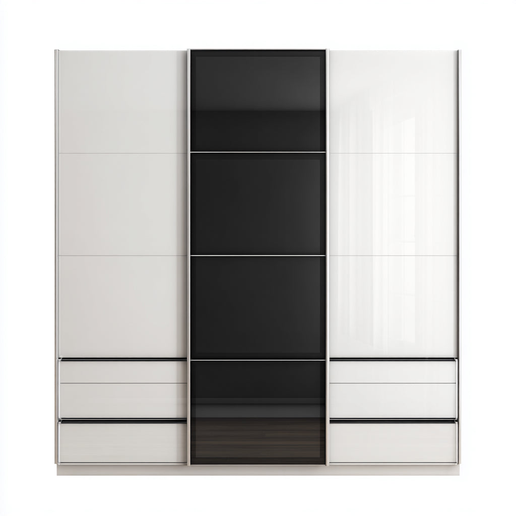 Armadio 3 ante laccato bianco con vetro centrale nero 200x60x220 cm - bianco-nero - design moderno per camera da letto