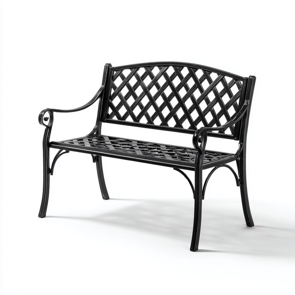 Panca da giardino in metallo nero 118x58x84 cm - per giardino - design classico intrecciato