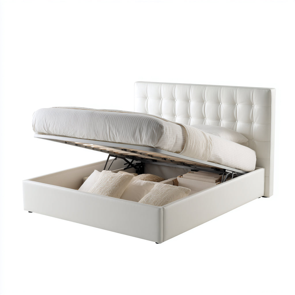 Letto matrimoniale contenitore in similpelle 215x180x110 cm per camera da letto - bianco - stile moderno