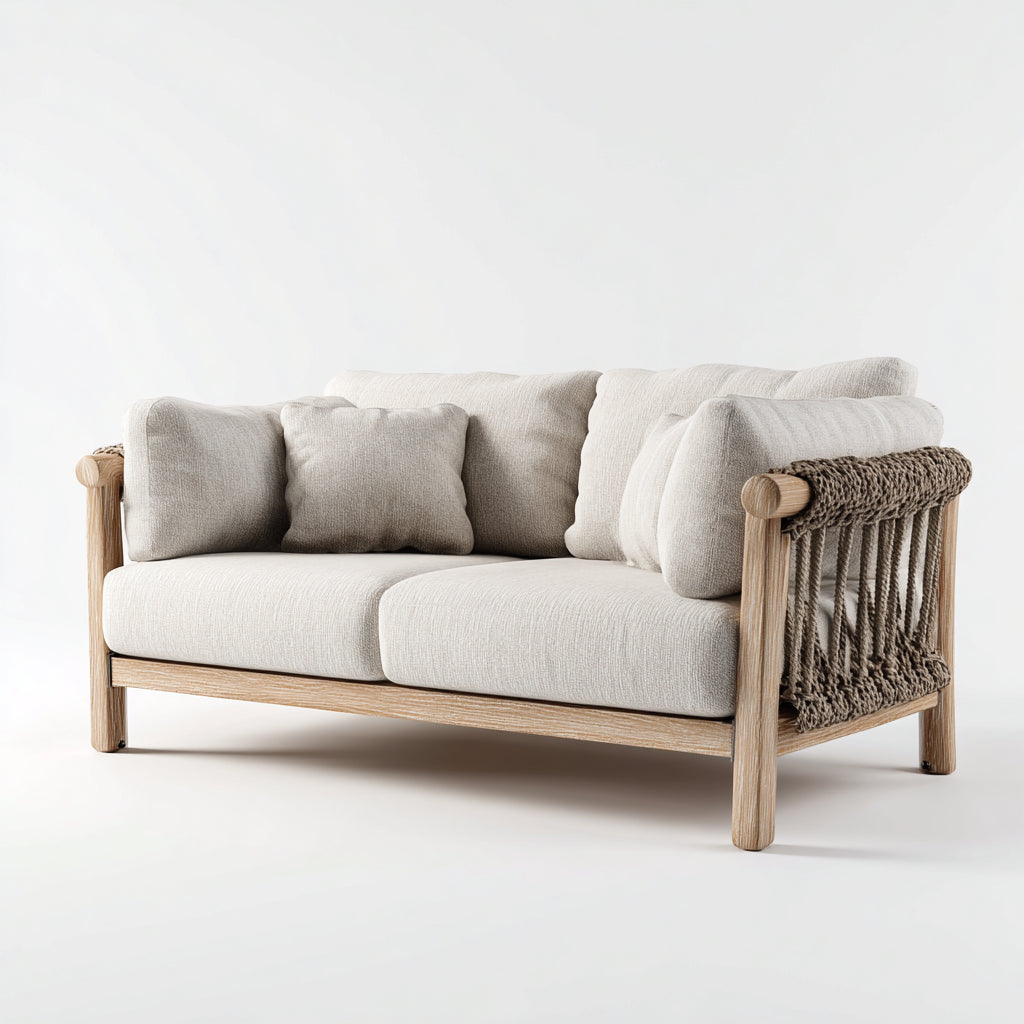 Divani da esterno in legno corda e tessuto 165x80x78 cm - marrone-beige per giardino - design naturale moderno