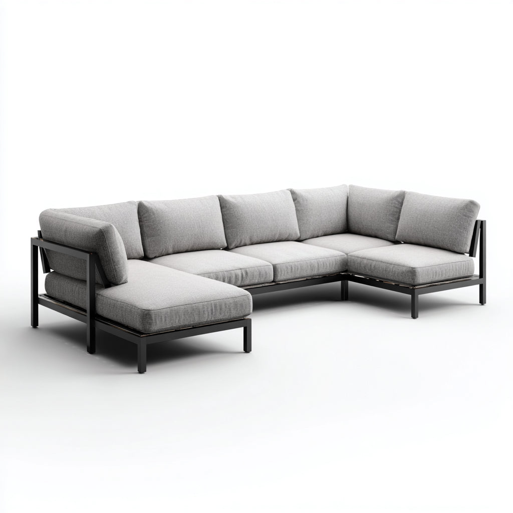 Divani da esterno in metallo e tessuto 260x200x78 cm per giardino - grigio chiaro-nero - stile moderno angolare
