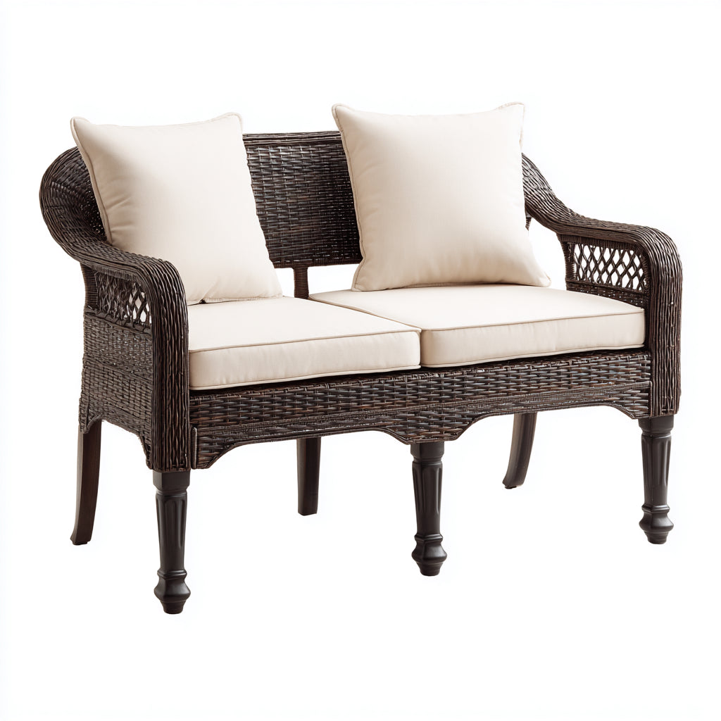 Panca da giardino in rattan sintetico marrone con cuscini beige 128x68x88 cm - per giardino - design classico intrecciato