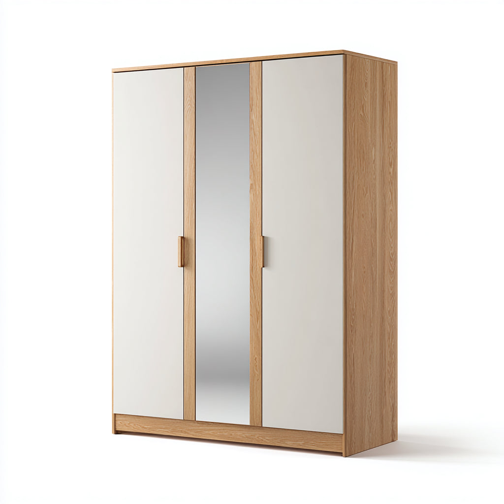 Armadio 3 ante con specchio laccato bianco e struttura in rovere 180x60x200 cm - bianco-rovere - design moderno per camera da letto