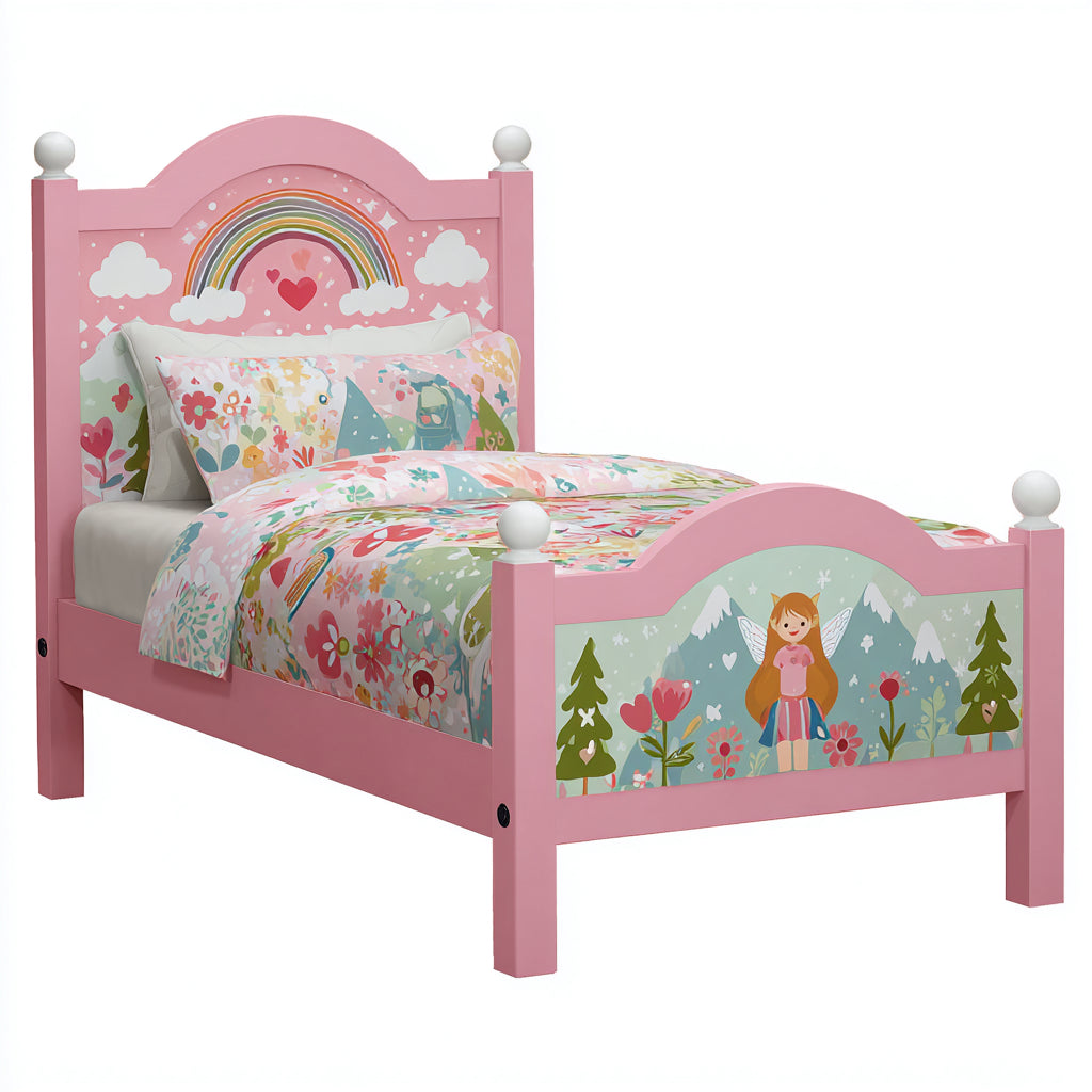 Letto per bambini in legno rosa-multicolore 205x105x125 cm - per camera da letto - design fiabesco moderno