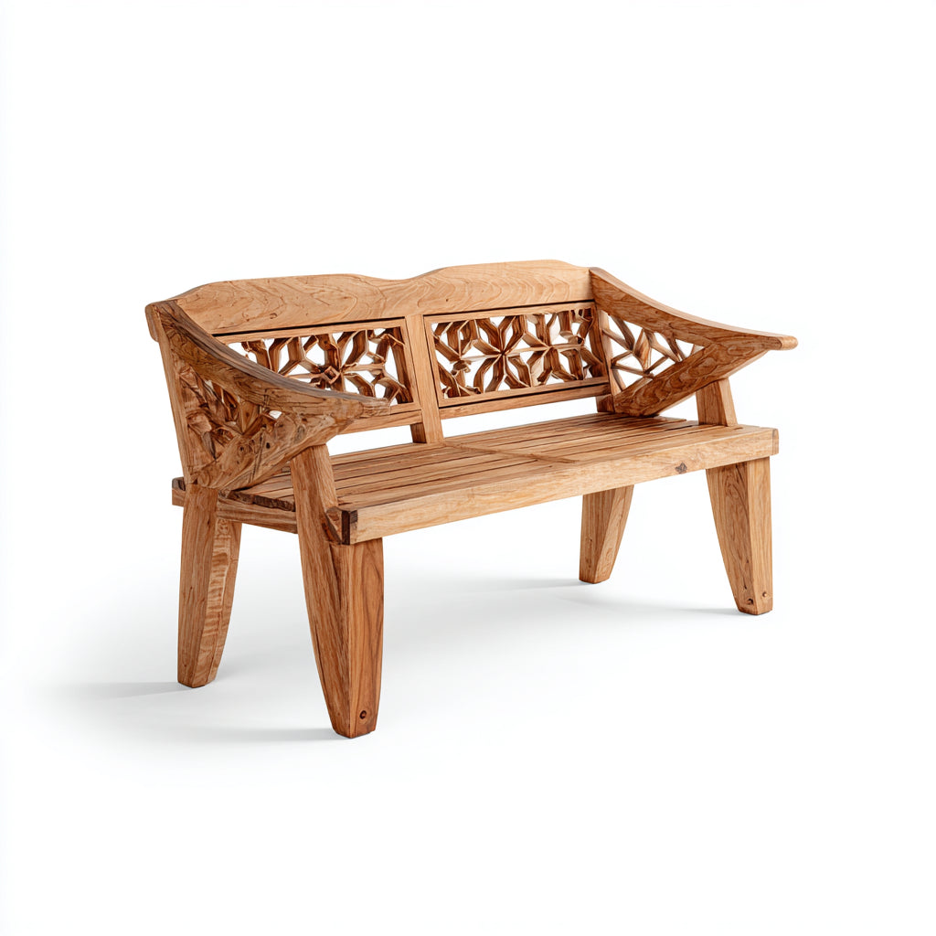 Panca da giardino in legno teak naturale 140x62x88 cm - per giardino - design artigianale intagliato